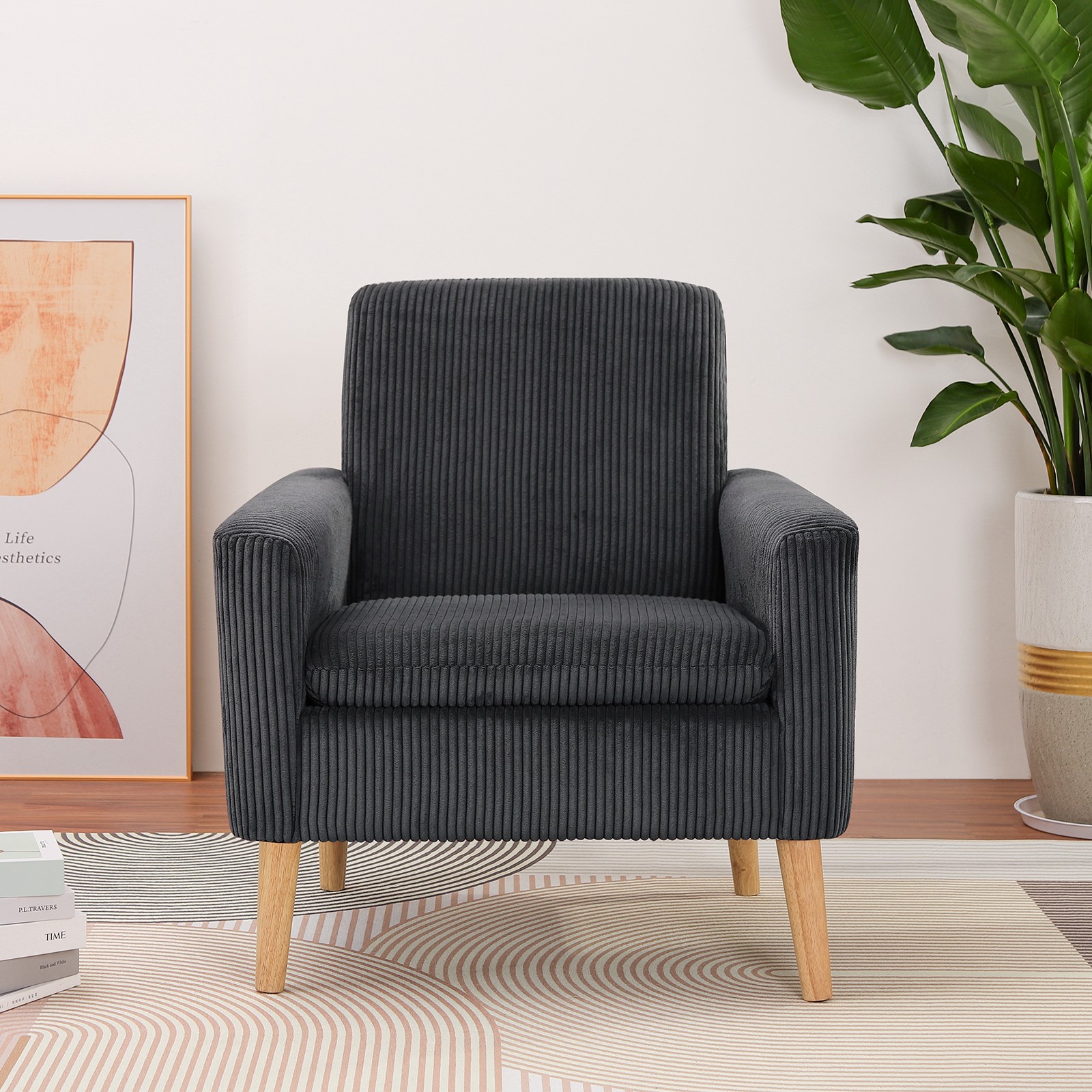 Corduroy Fabric Accent Chair Upholstered Comfy Single Sofa Wood Legs Black US