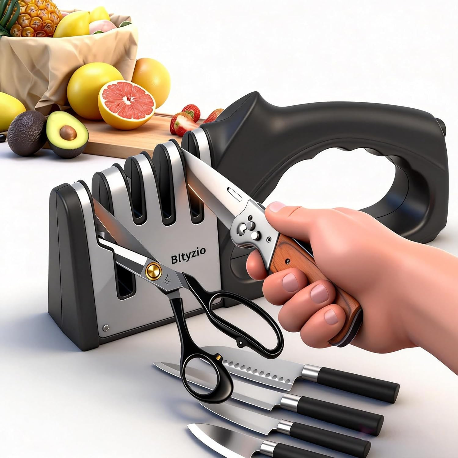 4-In-1 Manual Knife Sharpener for Kitchen Knives & Scissors, Professional Pull-T
