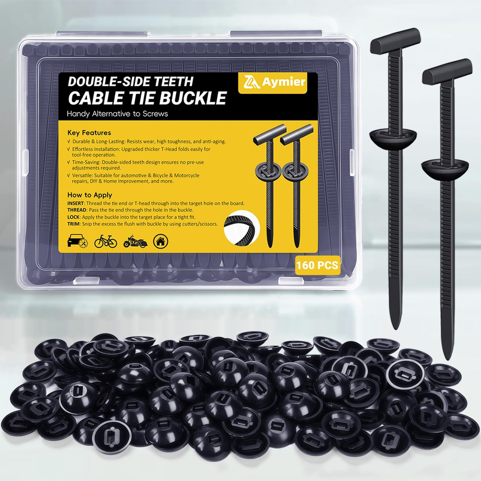 Aymier 160Pcs Upgraded Double-Side Teeth Self-Locking Nylon Universal Black