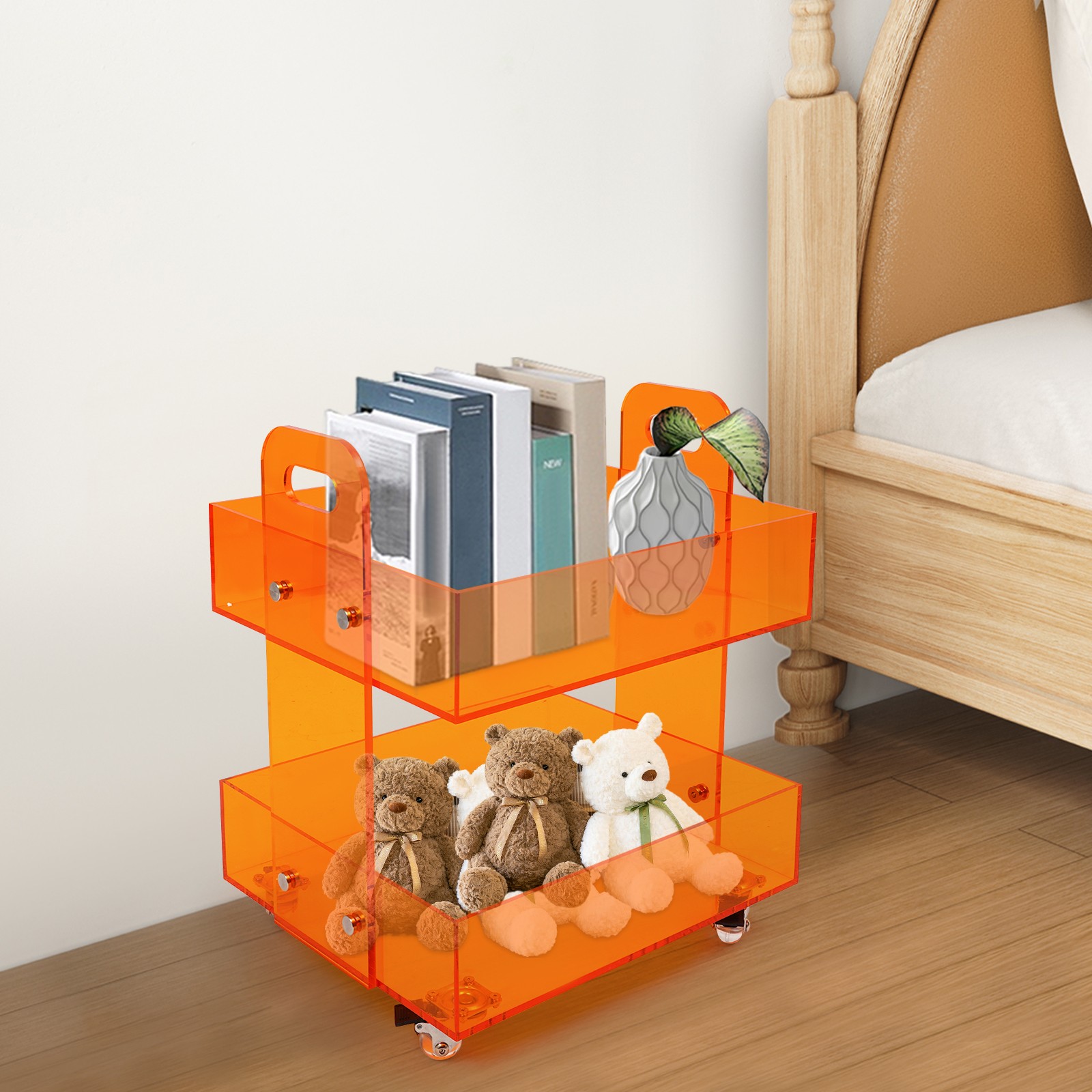 Acrylic Side Table Free Standing Storage Rack with Wheels Modern Bedside Table