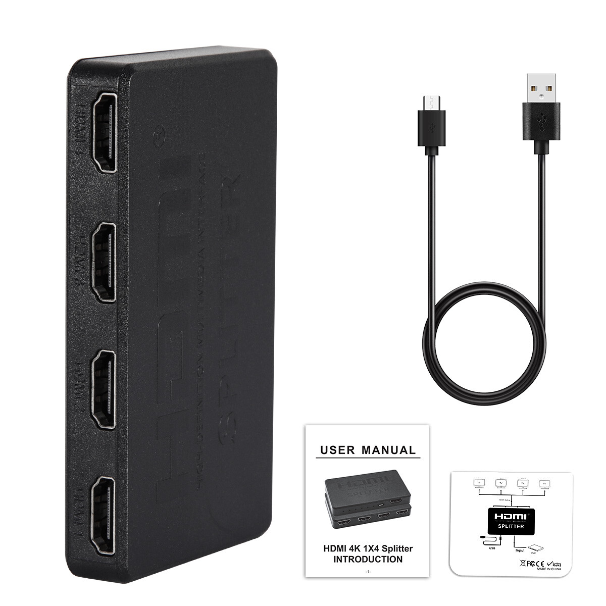HDMI Splitter 1 In 4 Out 4K UHD HD 1080P 4-Port Repeater Splitter Amplifier 1to4