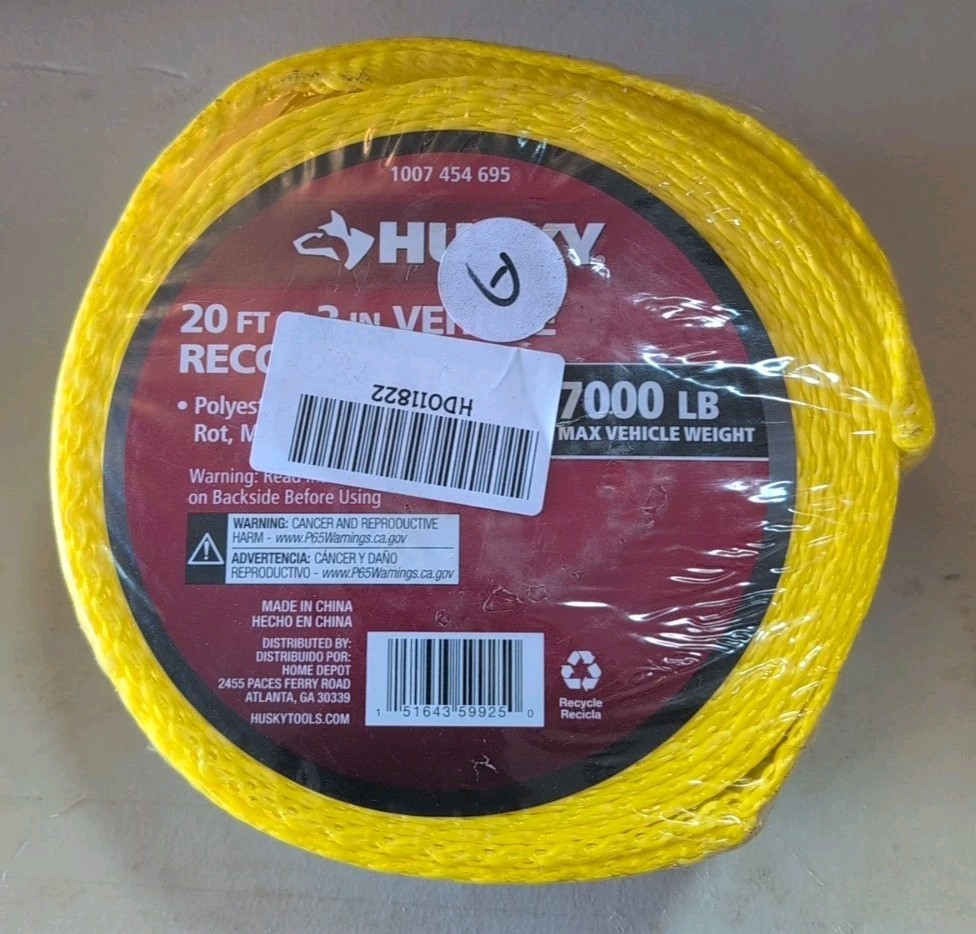 Husky 20'x2" 7000 lb Vehicle Recovery Strap, 1001 454 695, Yellow, FREE SHIPPING
