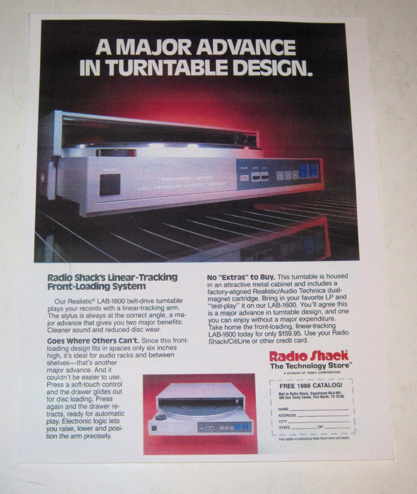Realistic LAB-1600 Drawer Turntable Ad, 1 pg, 1986 Radio Shack History!