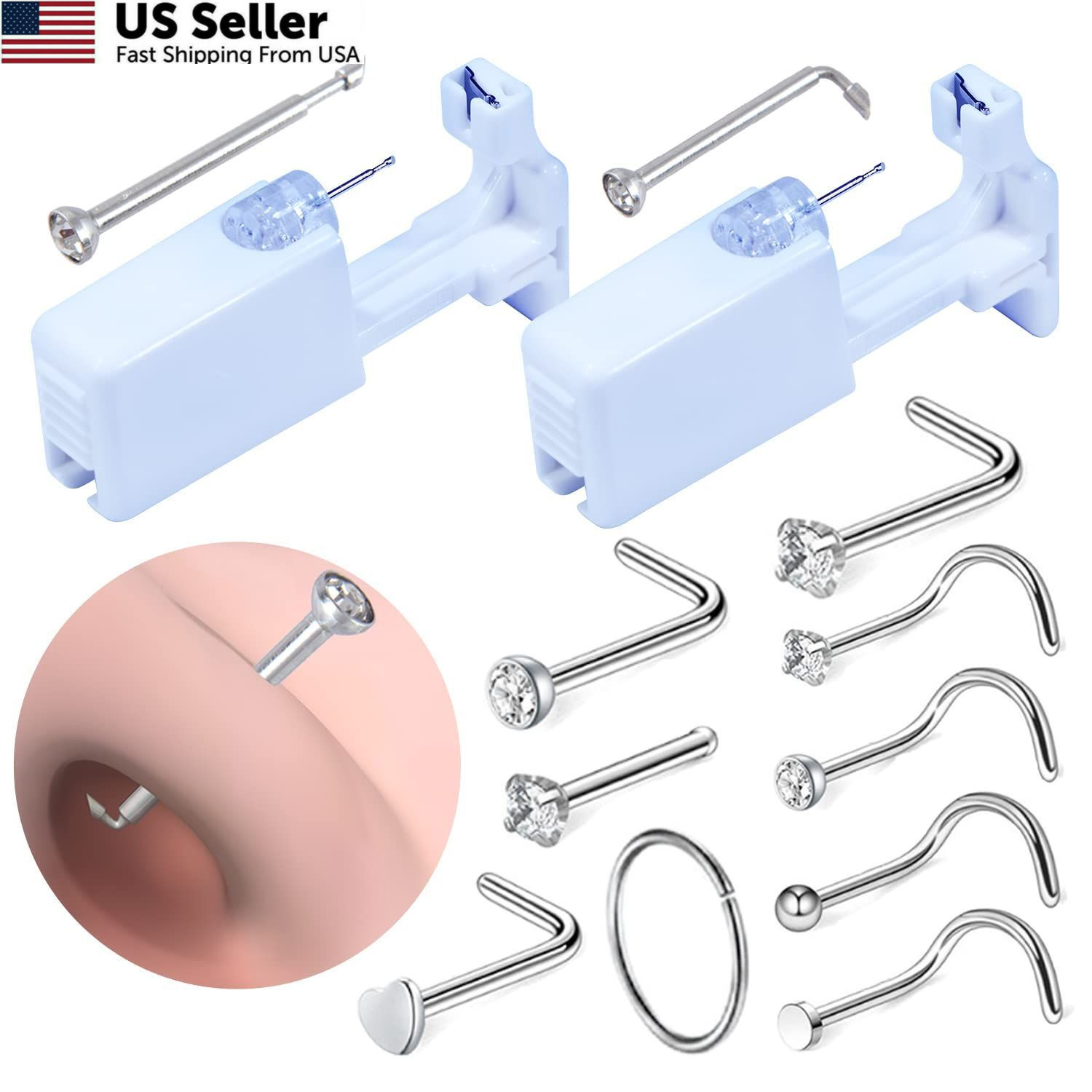 Firstomato 2 PCS Disposable Nose Piercing Gun Self Kit Silver