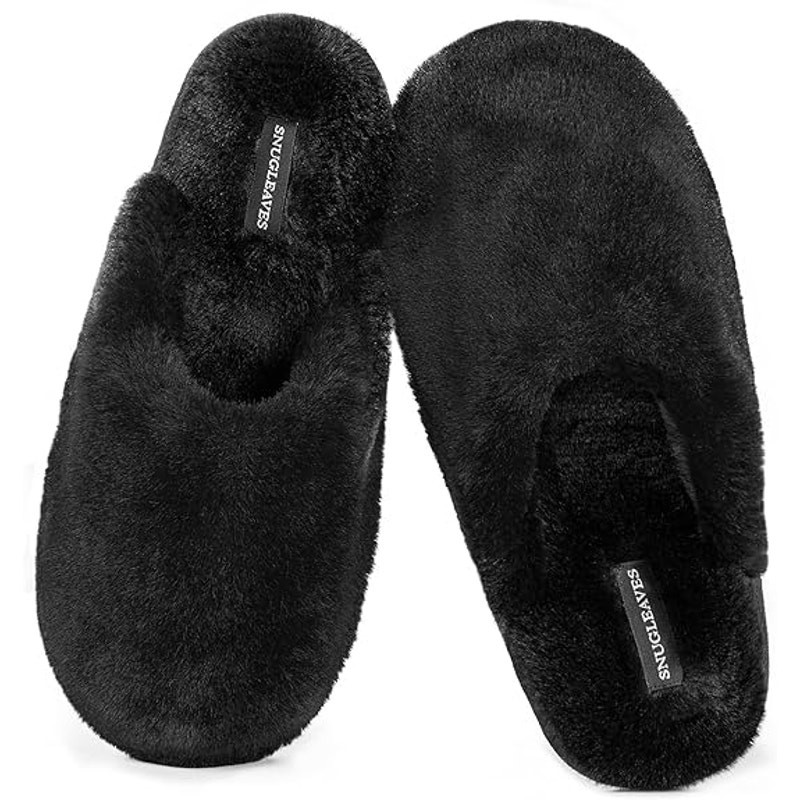 Snug Leaves Womens Size 9-10 Black Fuzzy Slippers Memory Foam Slip On Shoes