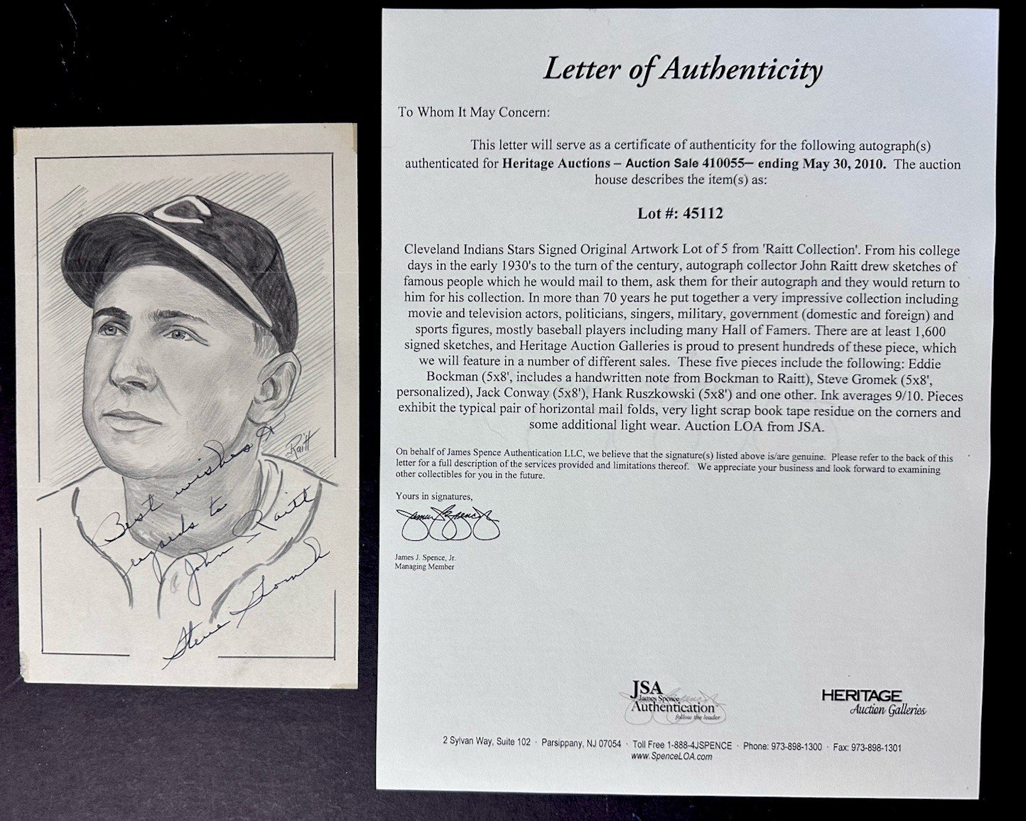 Steve Gromek Signed 5x8" Indians Original Drawing JSA John Raitt Collection