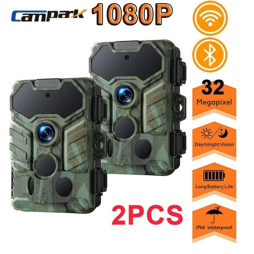 2PCS WiFi Bluetooth Trail Camera 32MP 1080P Wildlife Cam Hunting IR Night Vision