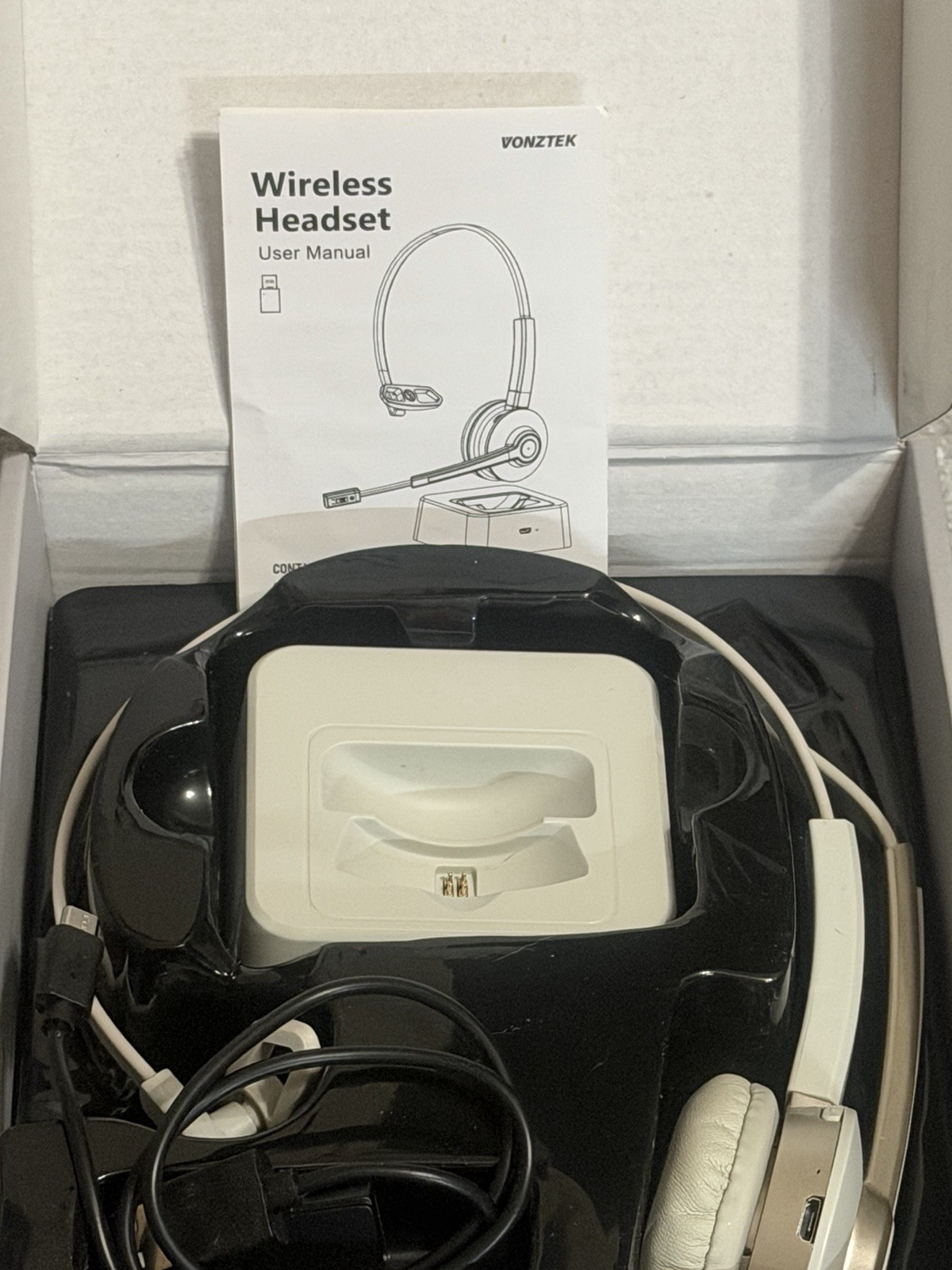 VONZTEK Wireless Headset USB Dongle Charging Base Boom Mic Noise Cancel White