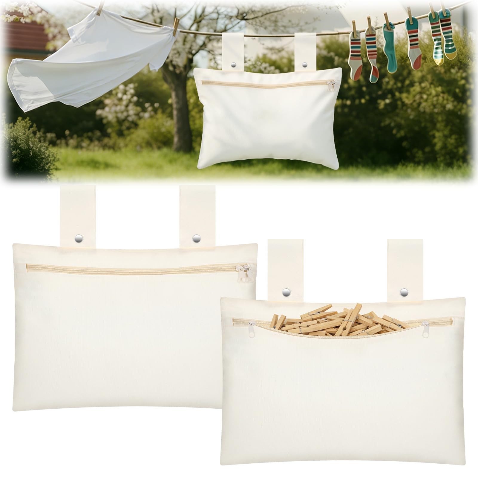 2 Pack Canvas Clothespin Bag 15 x 11 inch Beige Clothes Pin Hanging Bag Hang ...