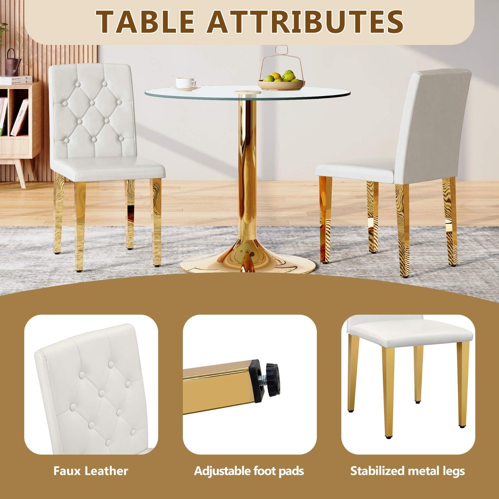 White PU Chairs 4-Pack-Ergonomic Backrest & Golden Metal Legs