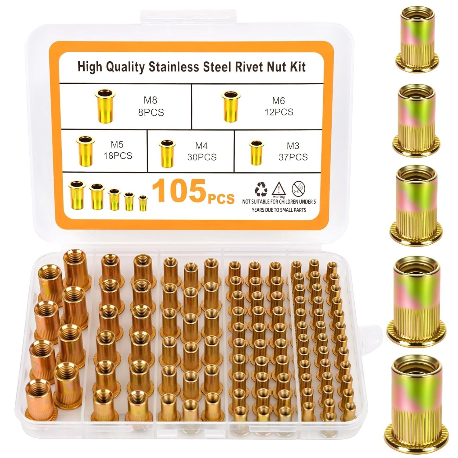 Stainless Steel Rivet Nut Assortment - 105Pcs M3-M8, Perfect for Automotive Use