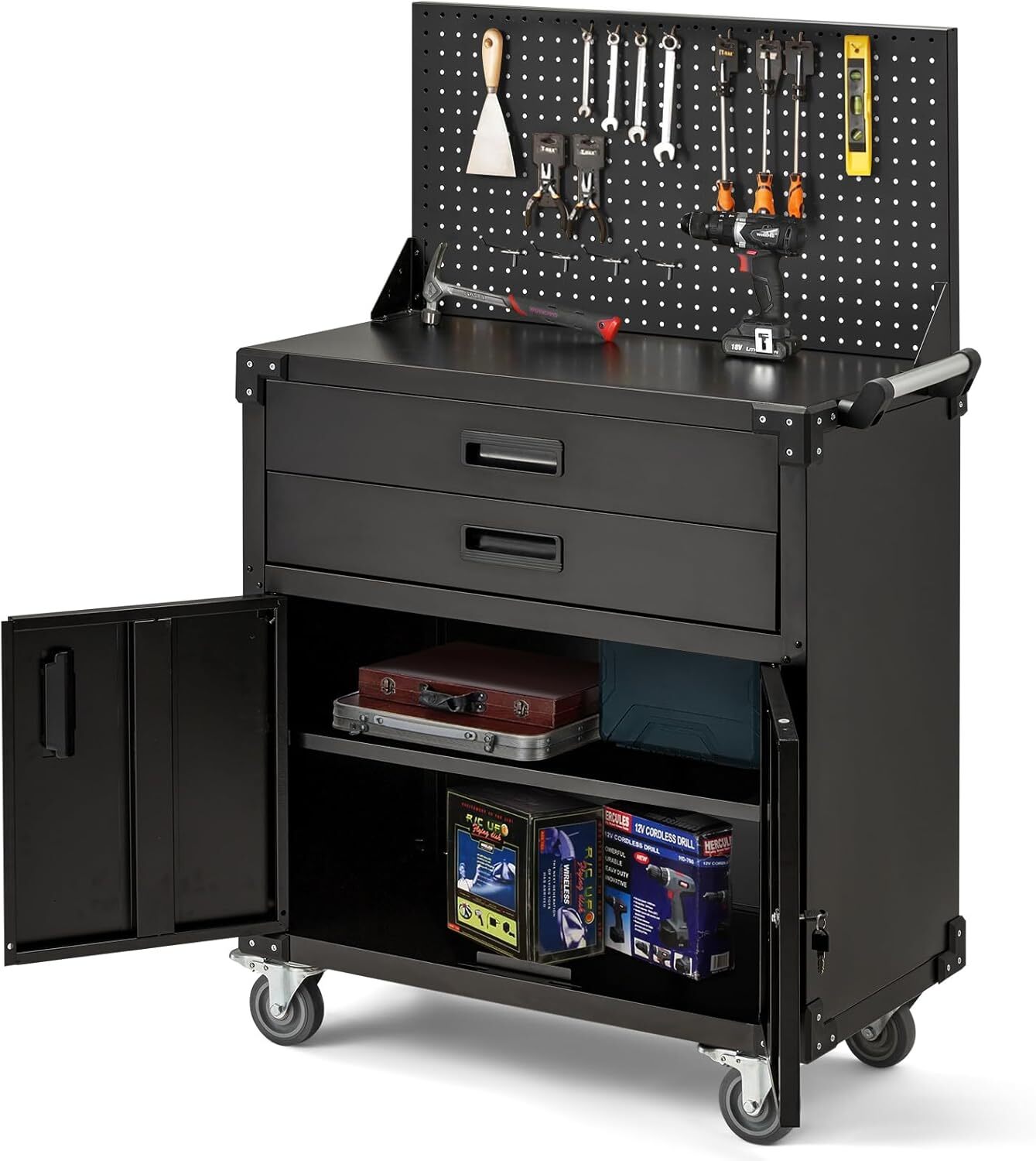 52" Mobile Workbench with Pegboard&Drawers Heavy Duty Garage Tool Bench Lockable