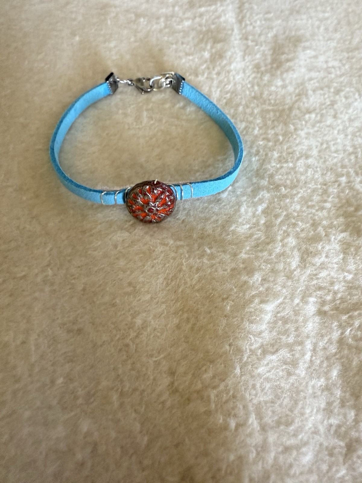 Czech Glass Dahlia with Rembrandt finish blue FAUX suede handmade bracelet Boho