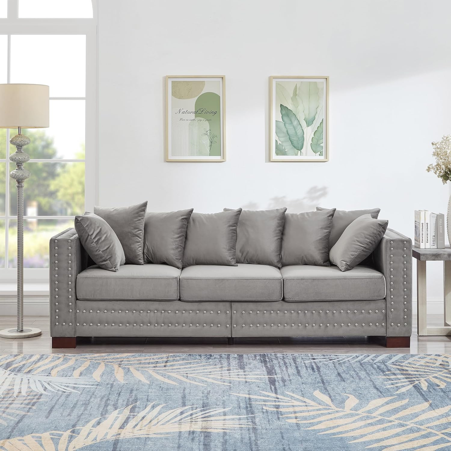 84.5'' Modern Tufted Velvet Sofa with Square Armrest, Silver Nails Decoration, U