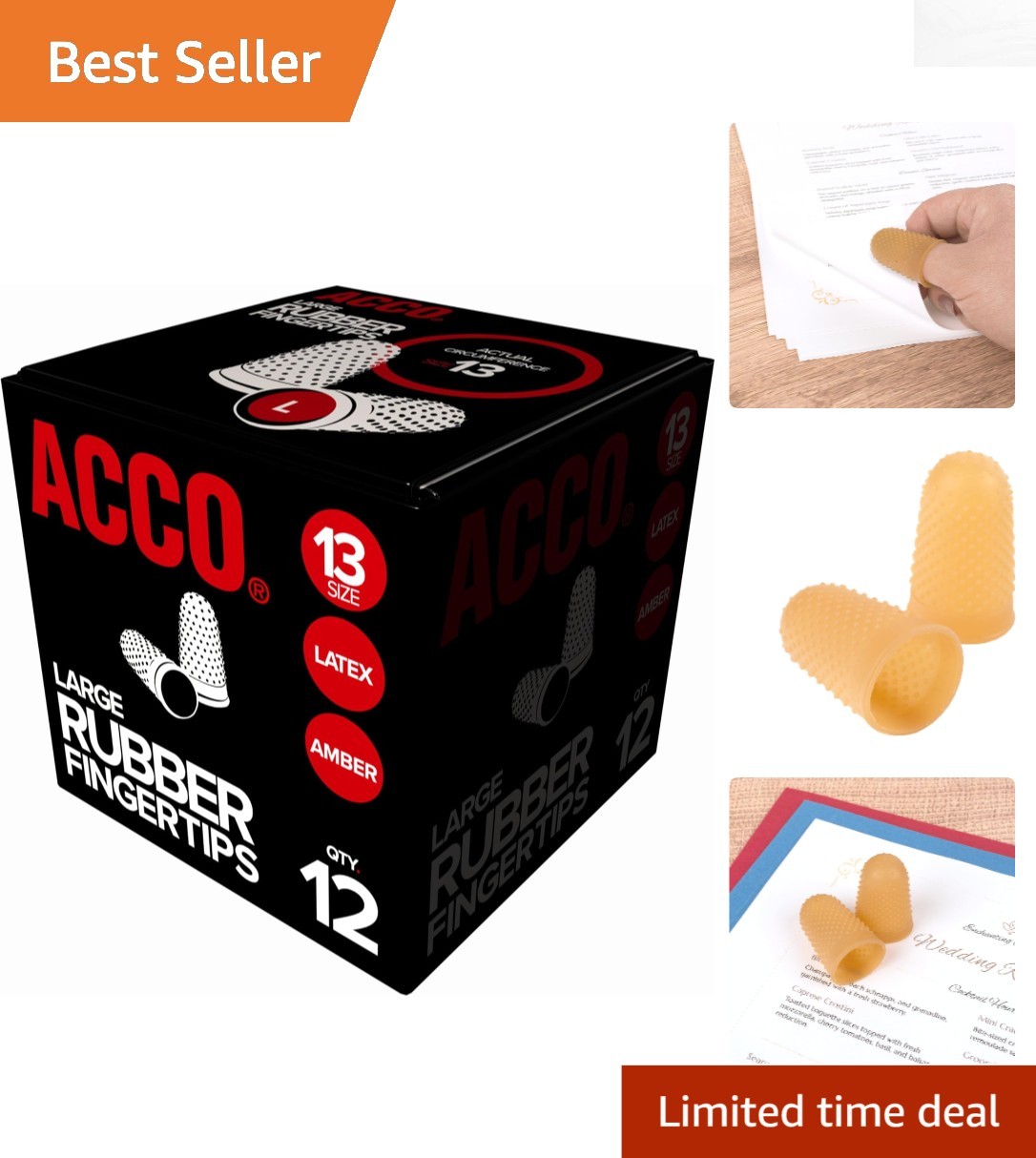 Amber Rubber Finger Tips, Size 13 - Durable with Nubbed Grip, 12 Count