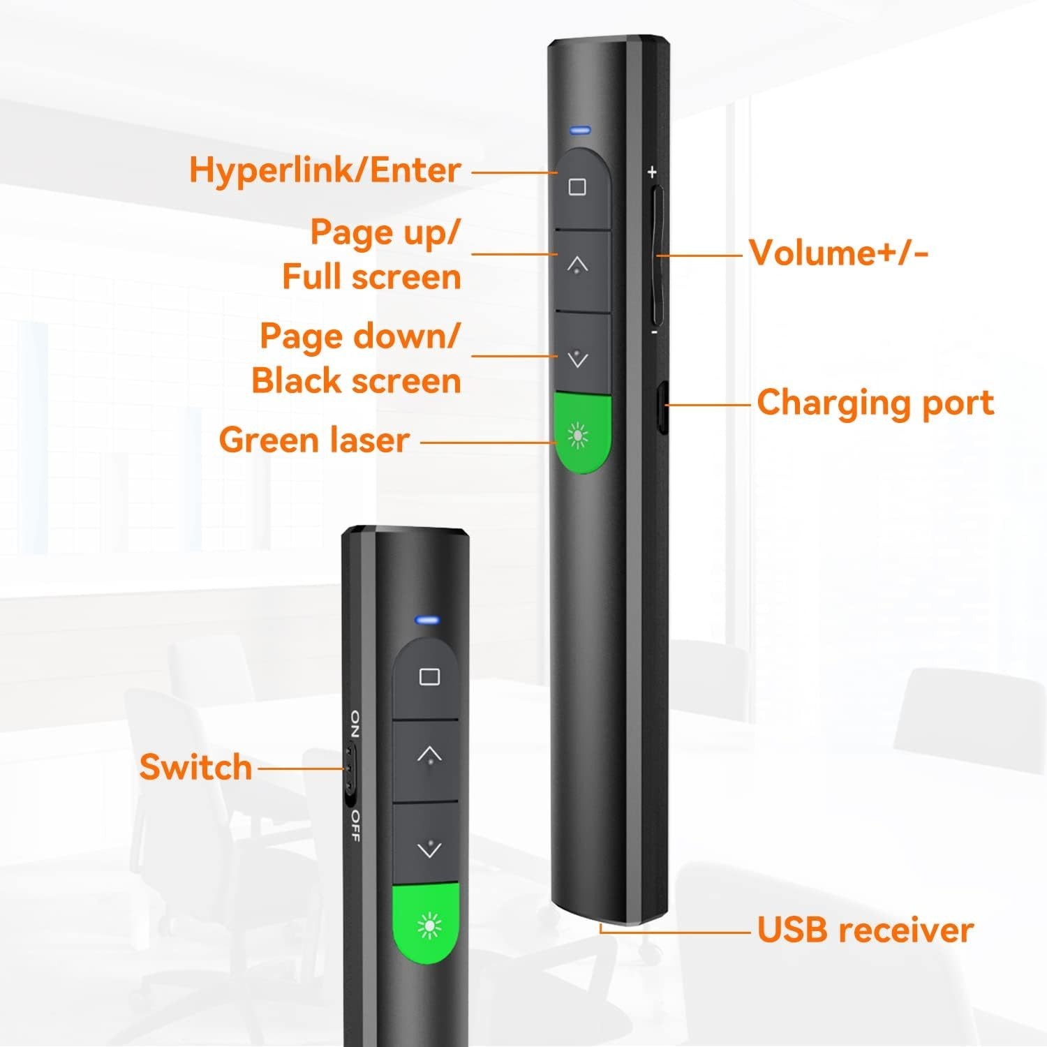 Wireless Presentation Clicker Rechargeable Green Laser Pointer PPT Remote