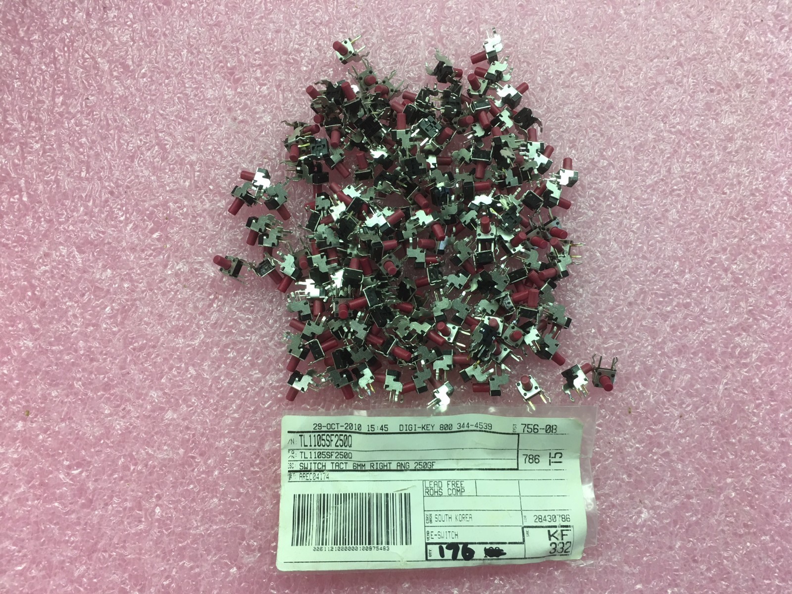 (175 PIECE LOT) TL1105SF250Q, E-SWITCH, SWITCH TACTILE SPST-NO 0.05A 12V RoHS