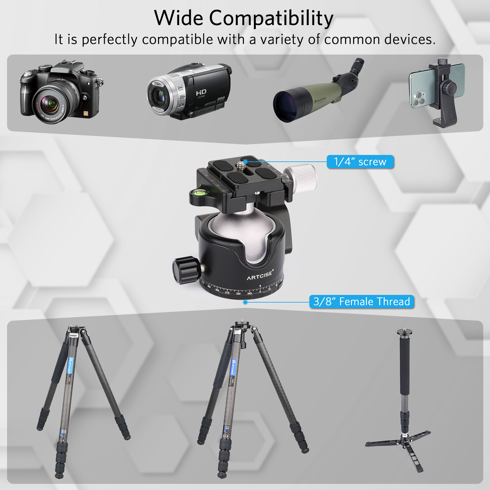 46mm Low Profile Ball Head Panoramic Metal Tripod Head 44lbs Load For Camera DSL