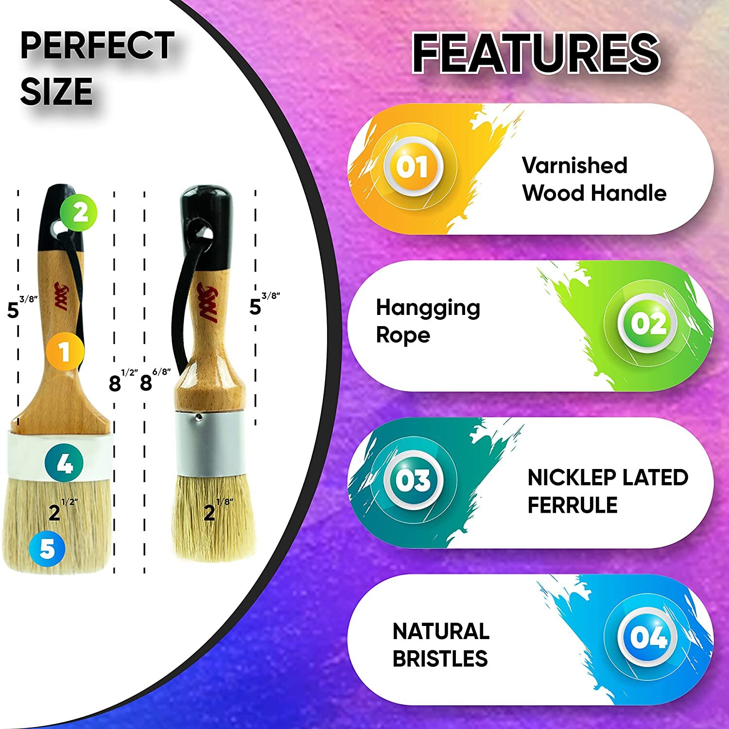 Chalk and Wax Paint Brush - 1 Small Round & 1 Large Oval Brush Natural Bristles
