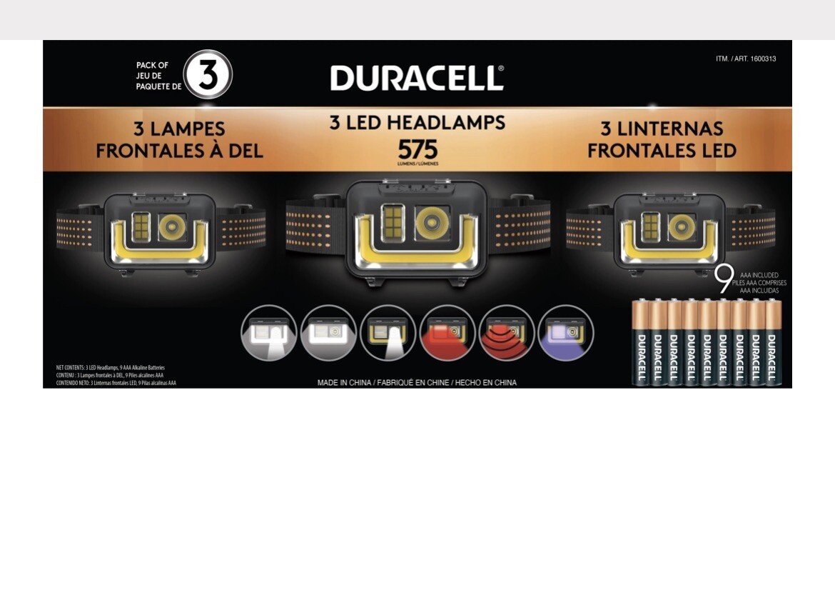 Duracell 575 lumens 3 PACK Headlamp 6 Lighting modes with UV Beam