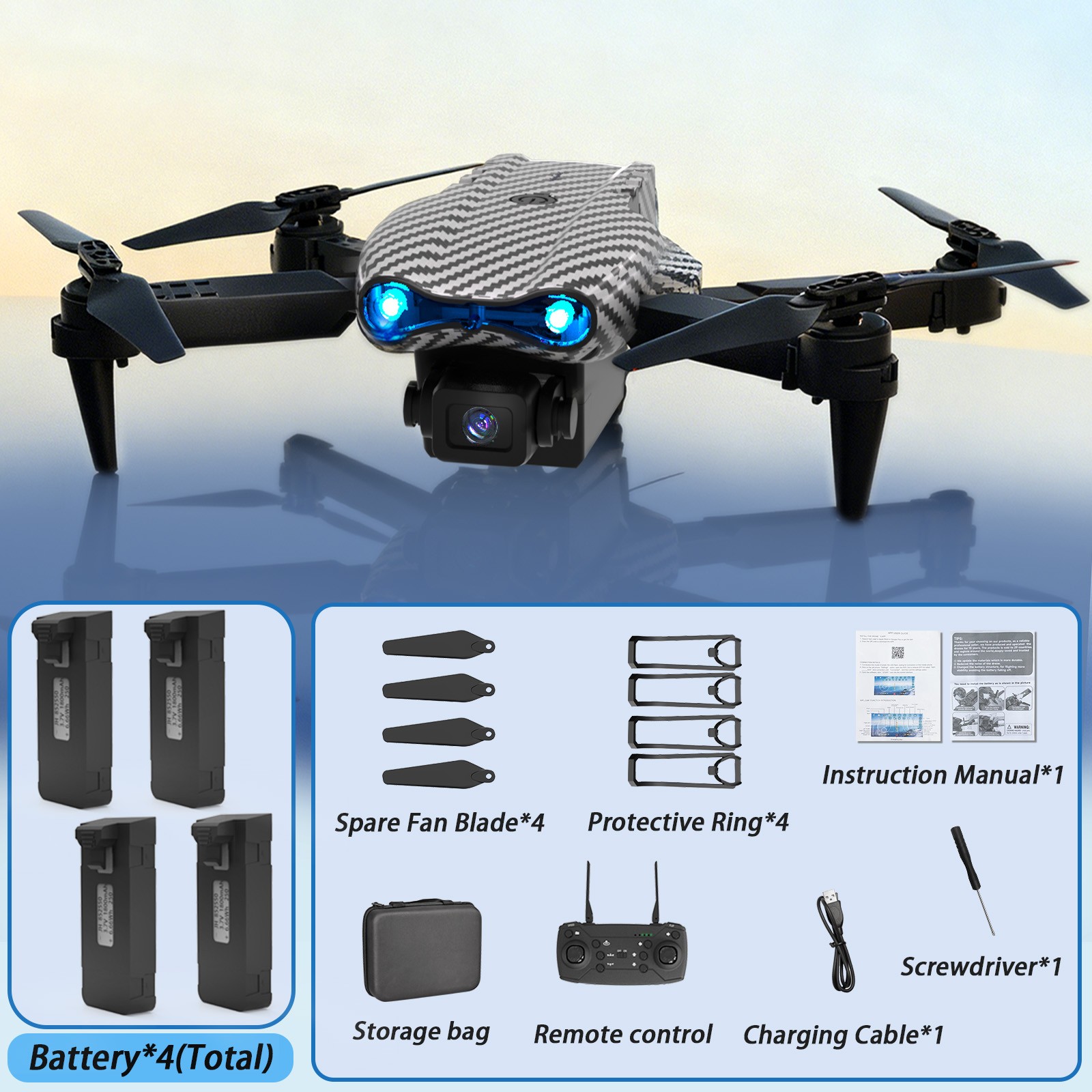 Drone 2026 4K HD Dual Camera WiFi FPV RC Foldable Quadcopter + 4 Batteries