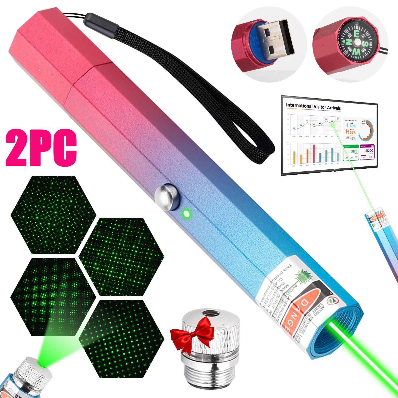 2x 532nm Green Laser Pointer Pen Rechargeable Astronomy Visible Star Beam Light