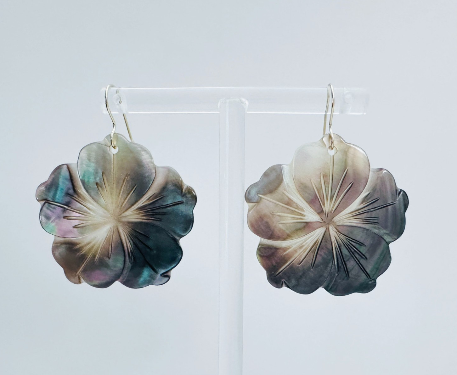Solid 14K Yellow Gold Earwire Iridescent Mother of Pearl Flower Dangle Earrings