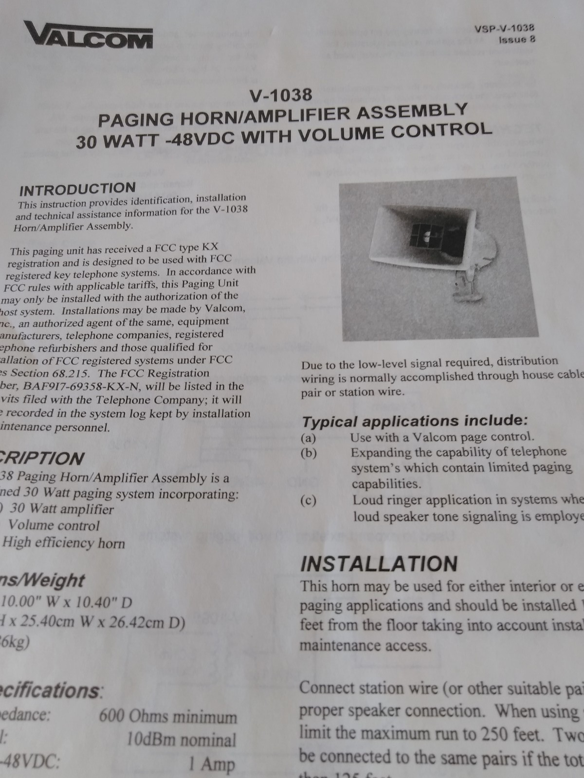Valcom V-1038 Paging Horn/Amplifier Assembly 30 Watt