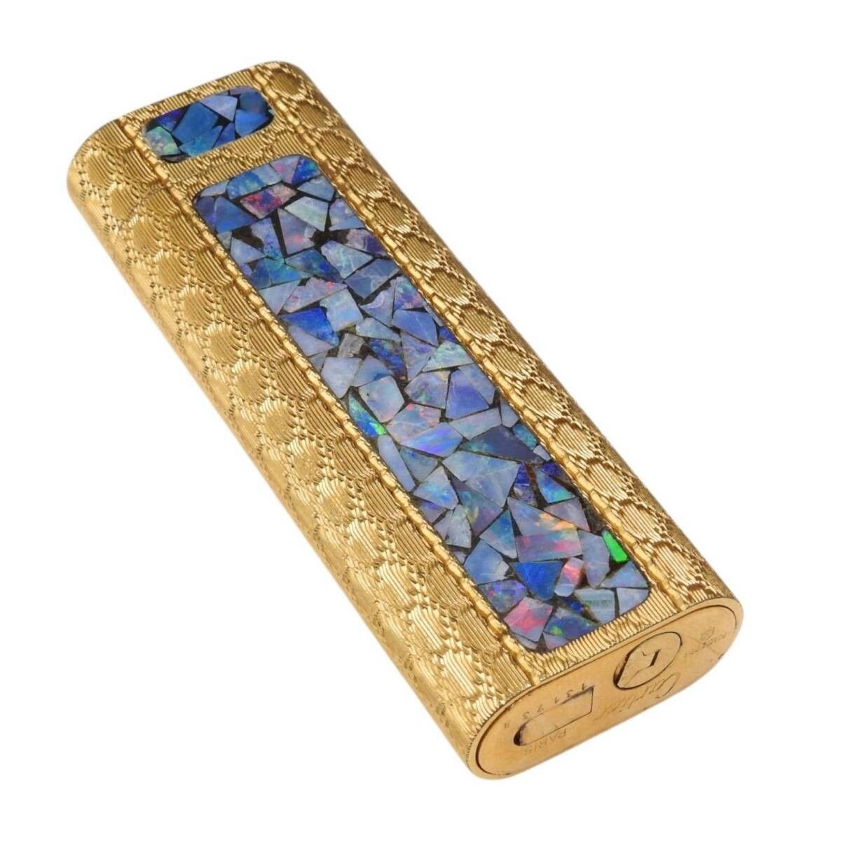 Cartier Mosaic Opal Gas Lighter Gold Rotary Flare Ignition Verified