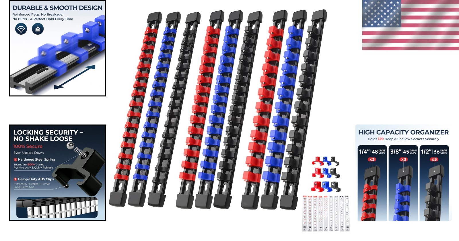 9-Piece Adjustable Socket Organizer Set - Heavy Duty ABS, Color-Coded