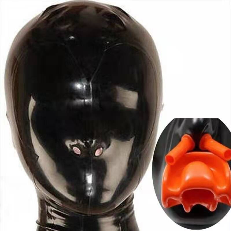 Latex Hood with Red Teeth Gag & Nasal Tubes Back Zipper Rubber Mask Fetish BDSM