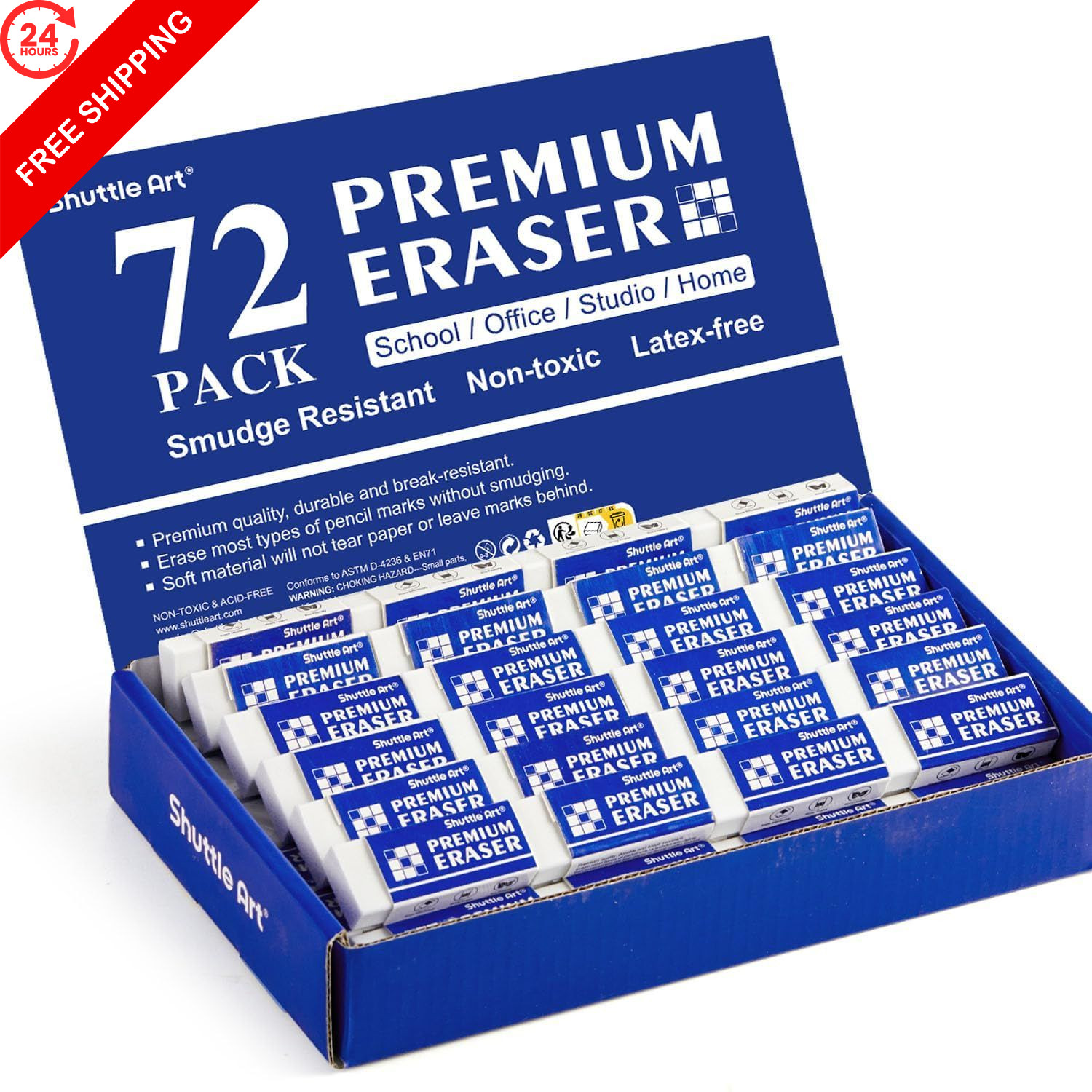 Erasers, Shuttle Art 72 Pack Premium Erasers Bulk, White Eraser