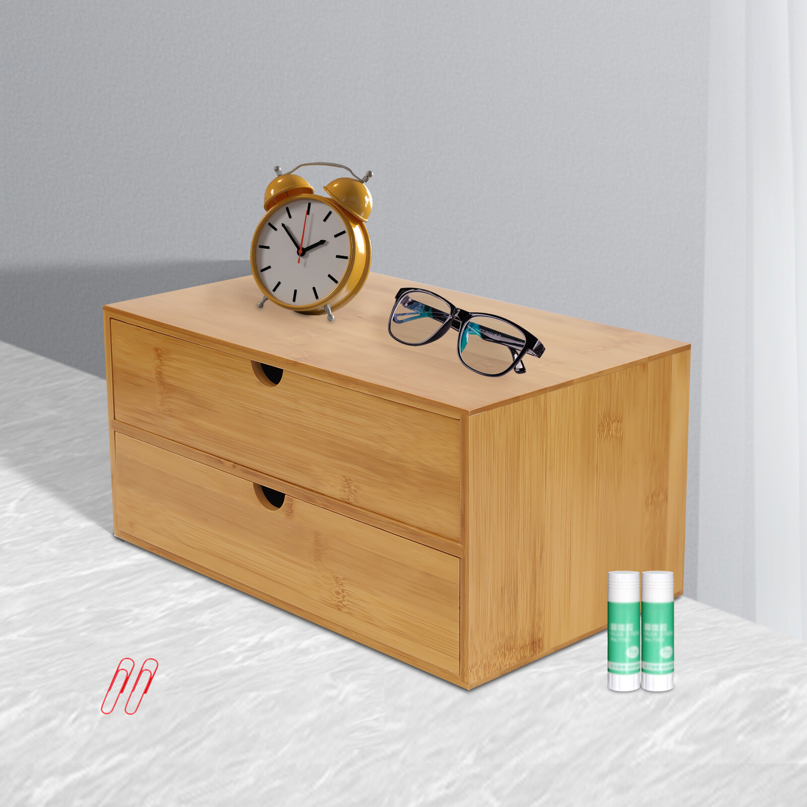 Bamboo Desk Organizer -Tabletop Mini Bamboo Desk Drawer Storage Box w/ 2 Drawers