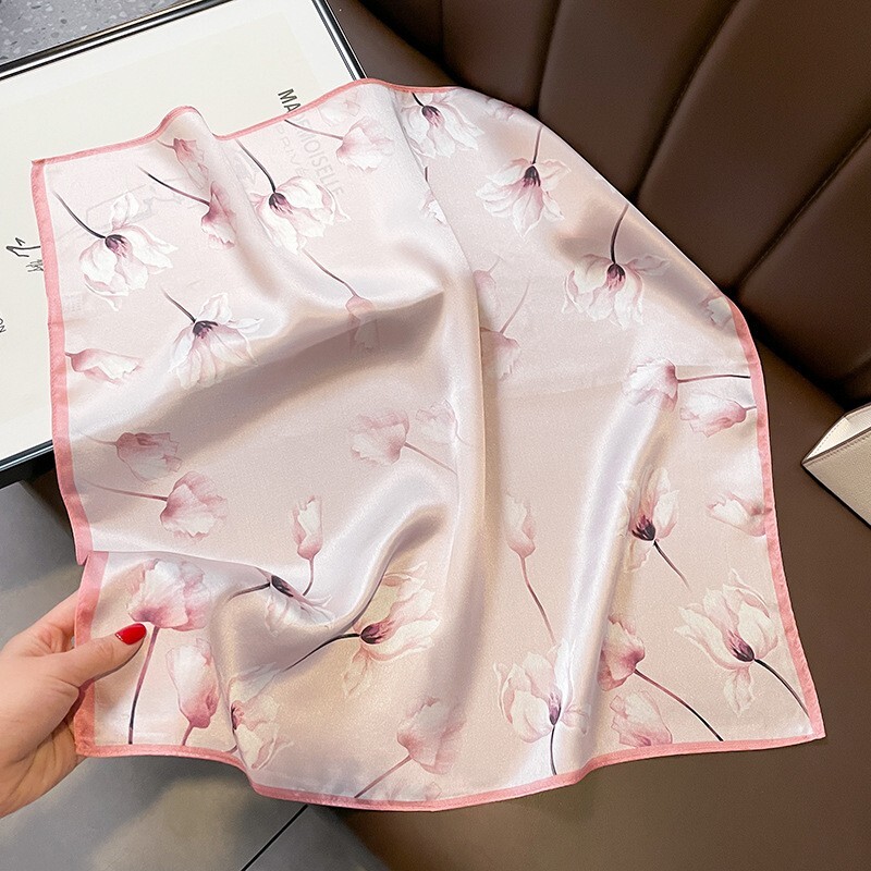 100% Mulberry 20'' Silk Scarf Women Vintage Pink Lotus Neckerchief Small Turban