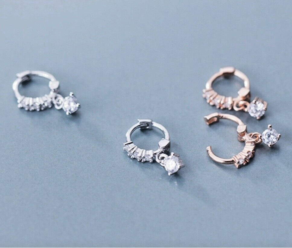 S925 Small CZ Pave Huggie Earrings Rose Gold Dangle Hoop/Crystal Helix Cartilage