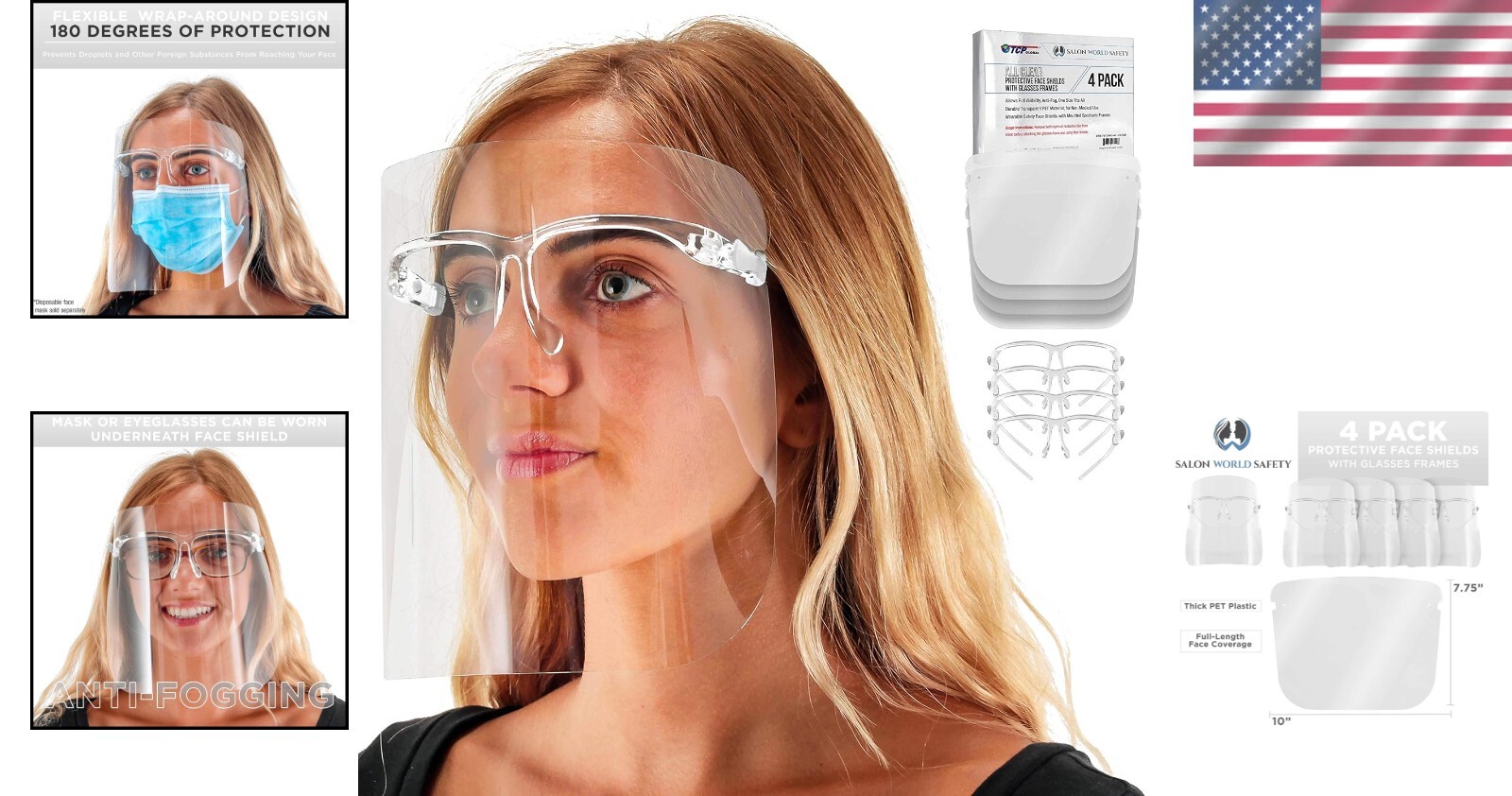 4-Pack Anti-Fog Face Shields with Clear Glasses Frames - Full Protection for All