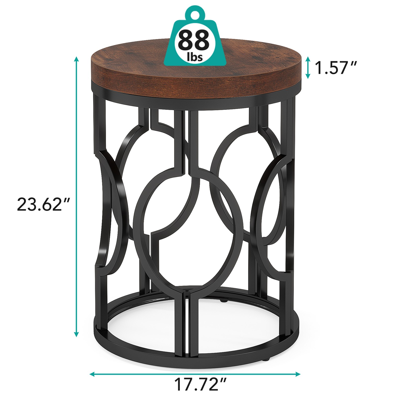 Round End Table, Industrial Side Table Small Bedside Table w/ Metal Hollow Frame