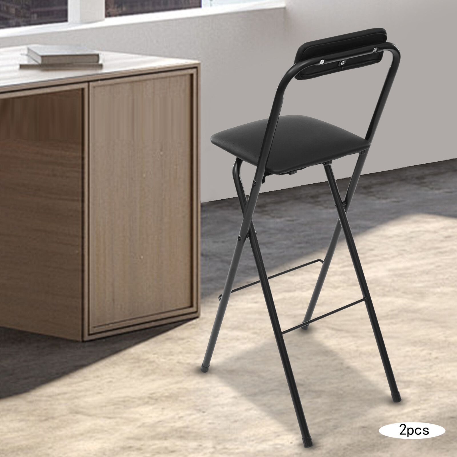 2Pcs Black Foldable Bar Chair Modern Tall Folding Chair Portable Folding Stool