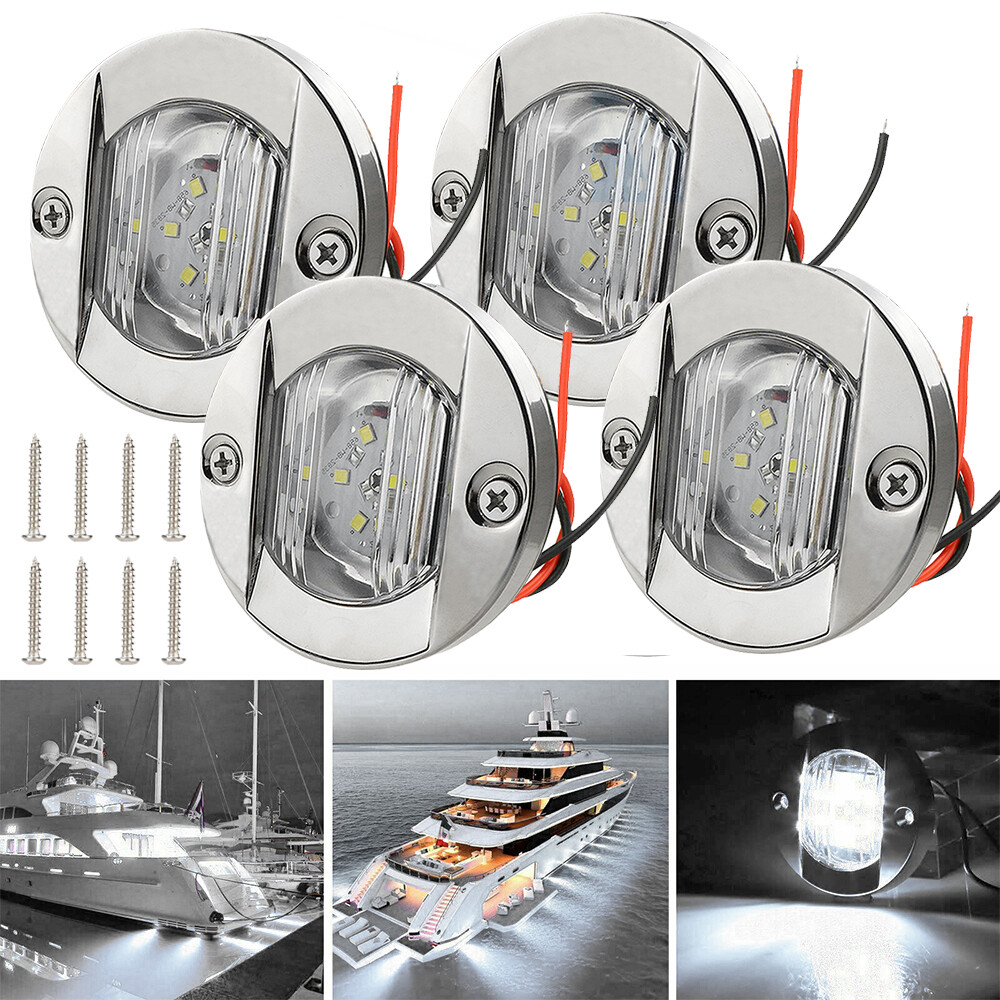 4X Round Marine Boat LED Courtesy Lights Cabin Deck Stern Navigation Light White