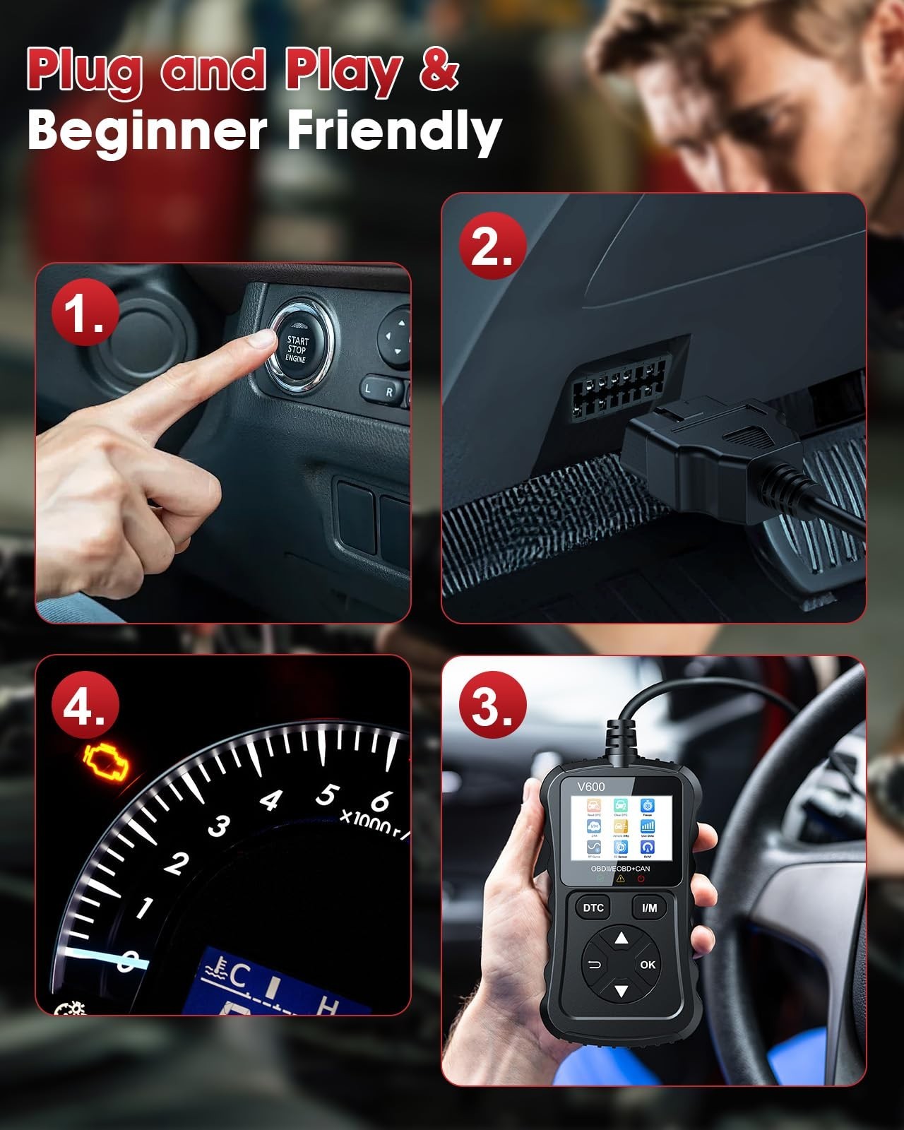 OBD2 Scanner Code Reader, Diagnostic Tool for Engine Error Codes, Voltage Test,