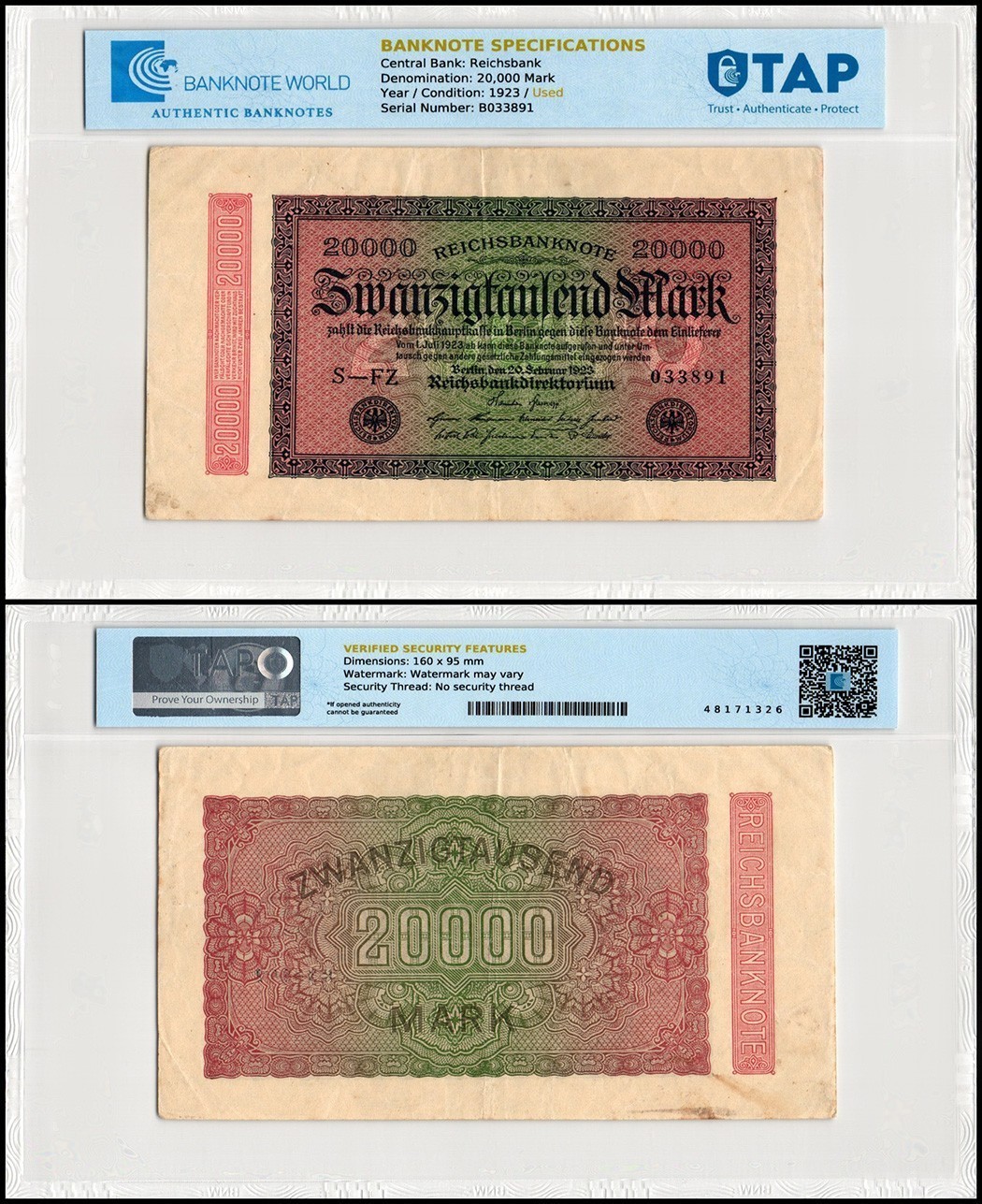 Germany 20000 Mark, 1923, P-85, Used, TAP Authenticated