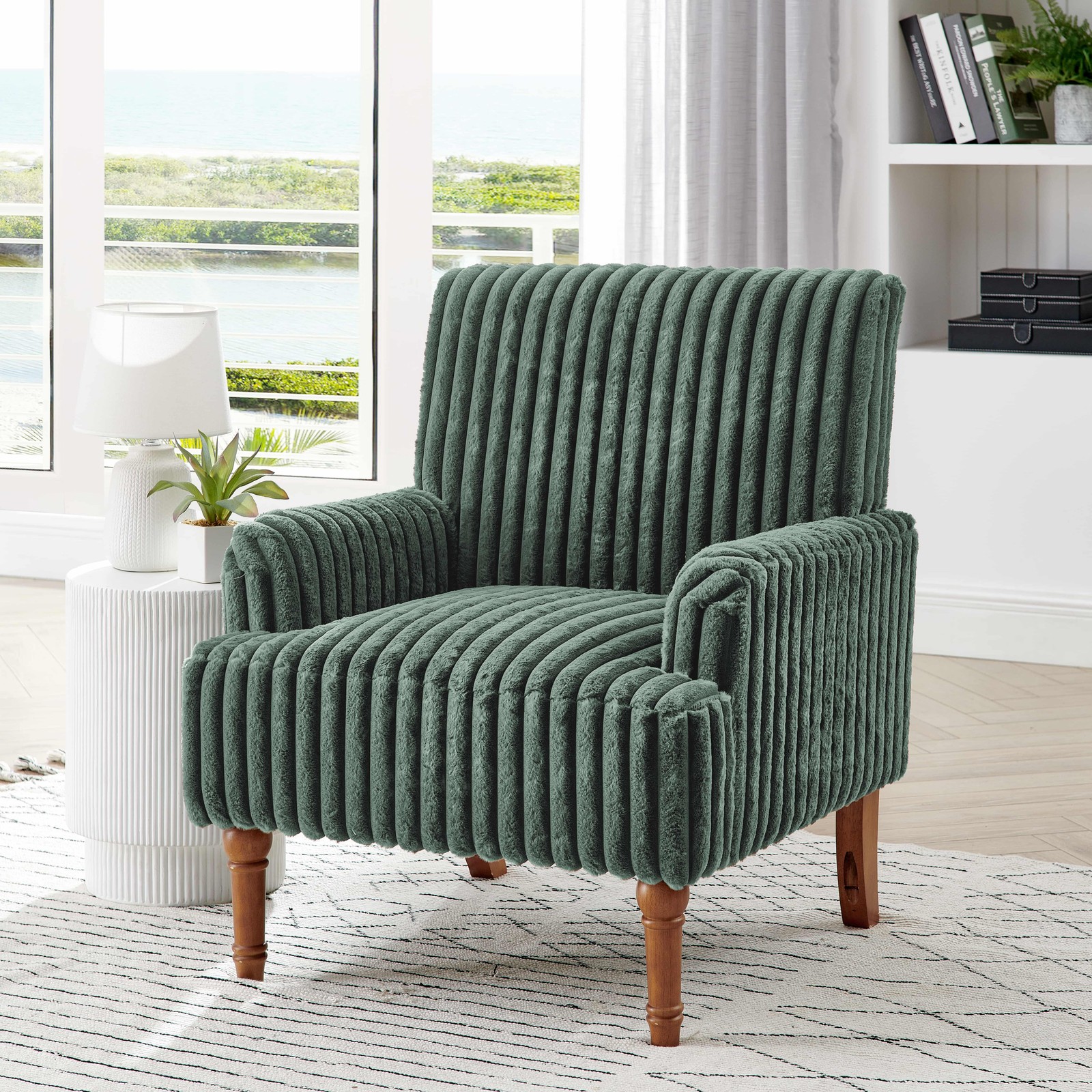 Wide Wale Corduroy Accent Chair Army Green Solid Wood Legs Comfortable Armchair