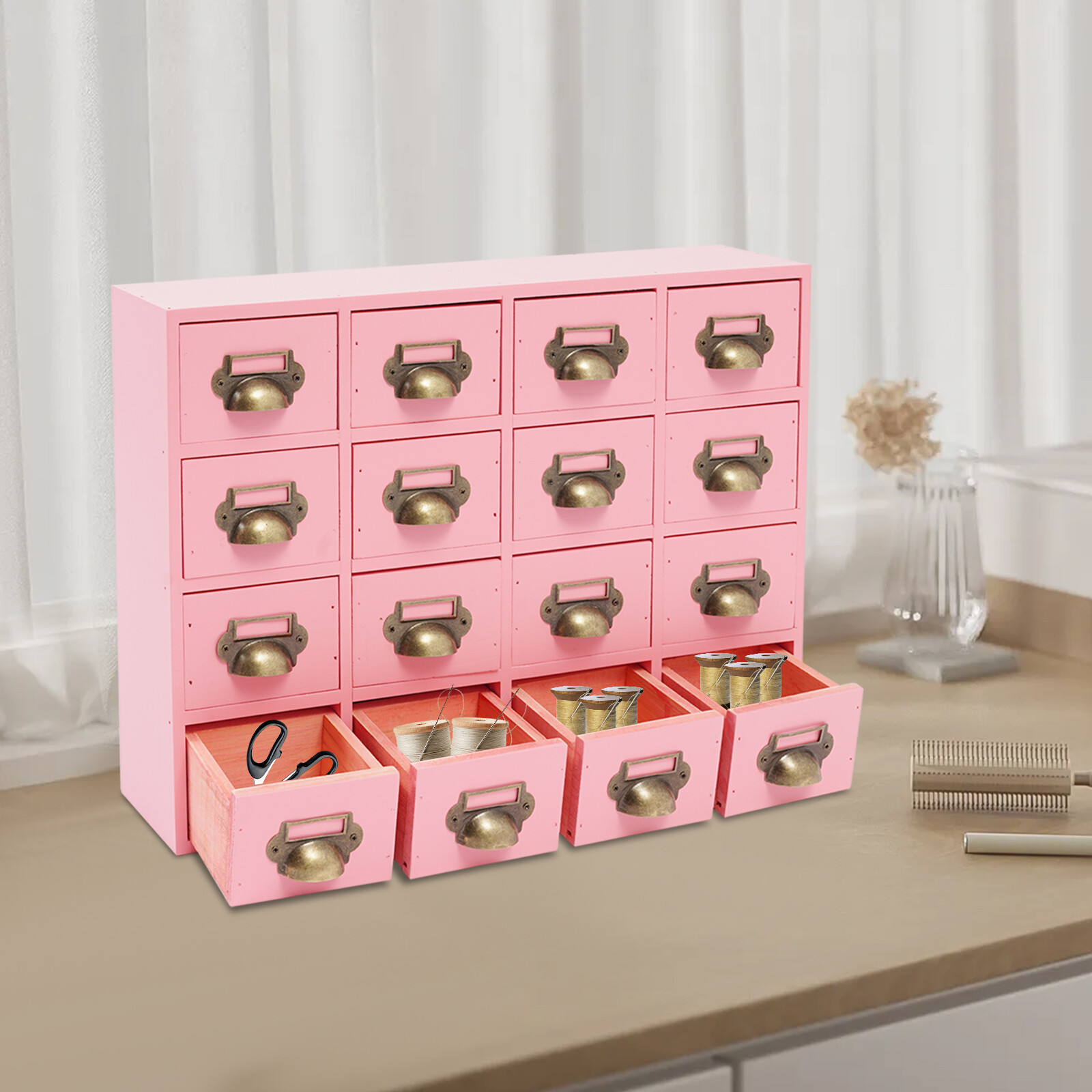 Drawers Storage Cabinet 16 Drawer Cabinet Wooden Medicine Cabinet Pink