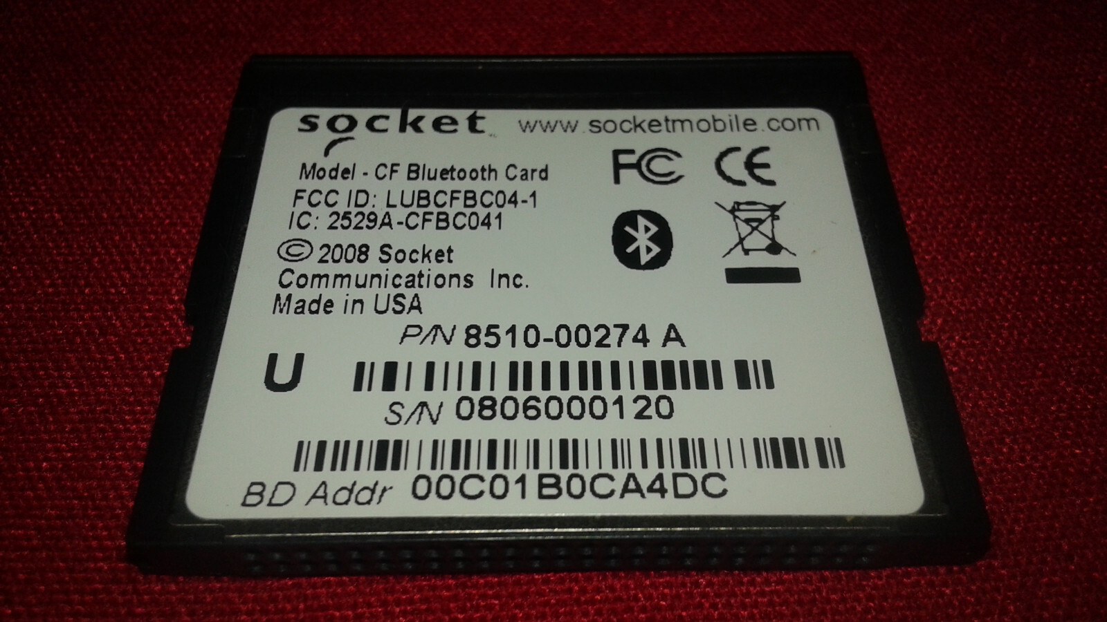 Socket Mobile Wireless/Cordless Card 8510-00274 A