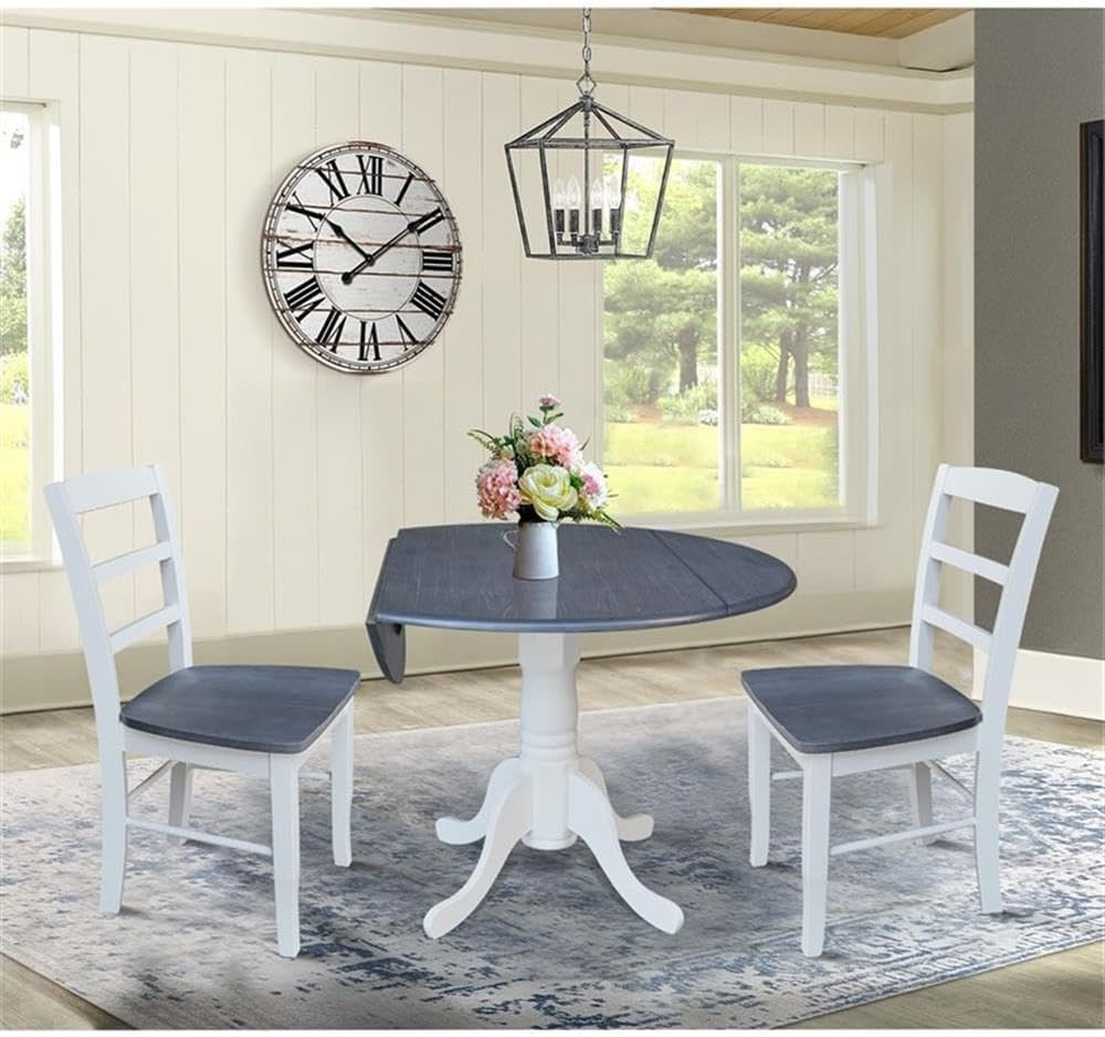 42 In. Wood Dining Table with 2 Madrid Ladderback Chairs in White/Heather Gray
