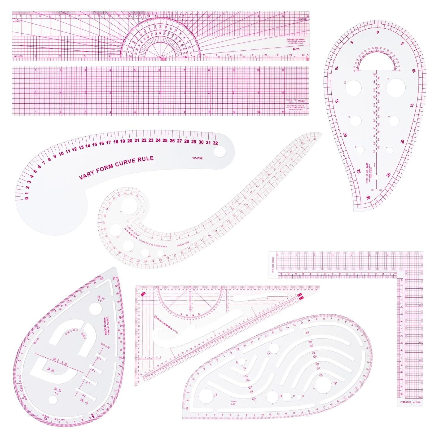 Sewing Ruler Set - Clear Metric French Curve Pattern Ruler Kit for Beginners