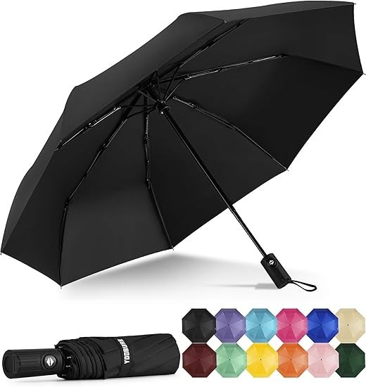 Windproof Travel Umbrella with Wood Handle, Automatic Umbrellas for Rain & UV...