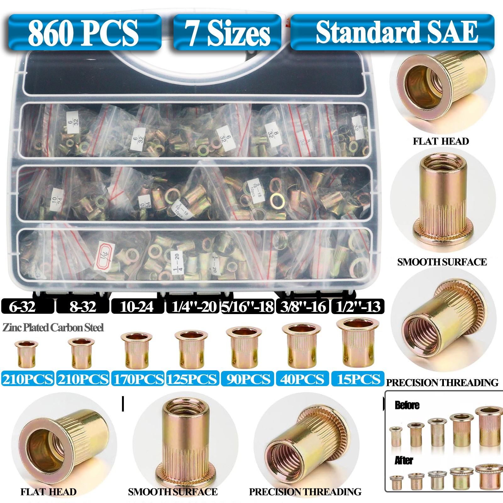 860Pcs Rivet Nut Kit UNC Rivnut Nutsert Assortment #6-32 #8-32 #10-24 1/4" 5/16"