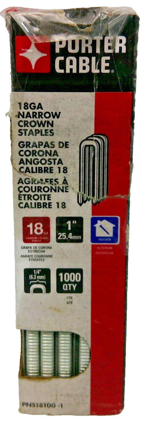PORTER-CABLE PNS18100-1 Narrow Crown Staples, 1-Inch, 18 GA, 1000-Pack
