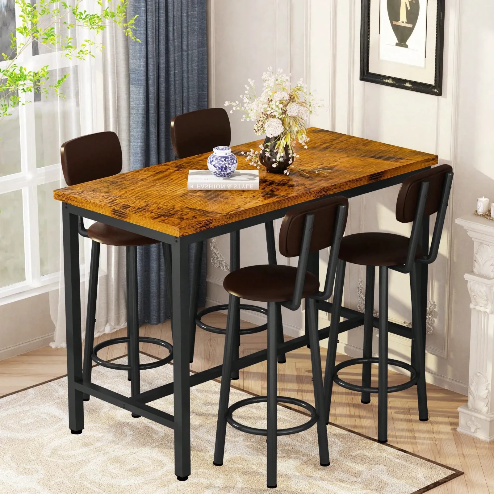 5Pcs Dining Table Set Imitation Marble Table With 4 PU Upholstered Stool & Chair